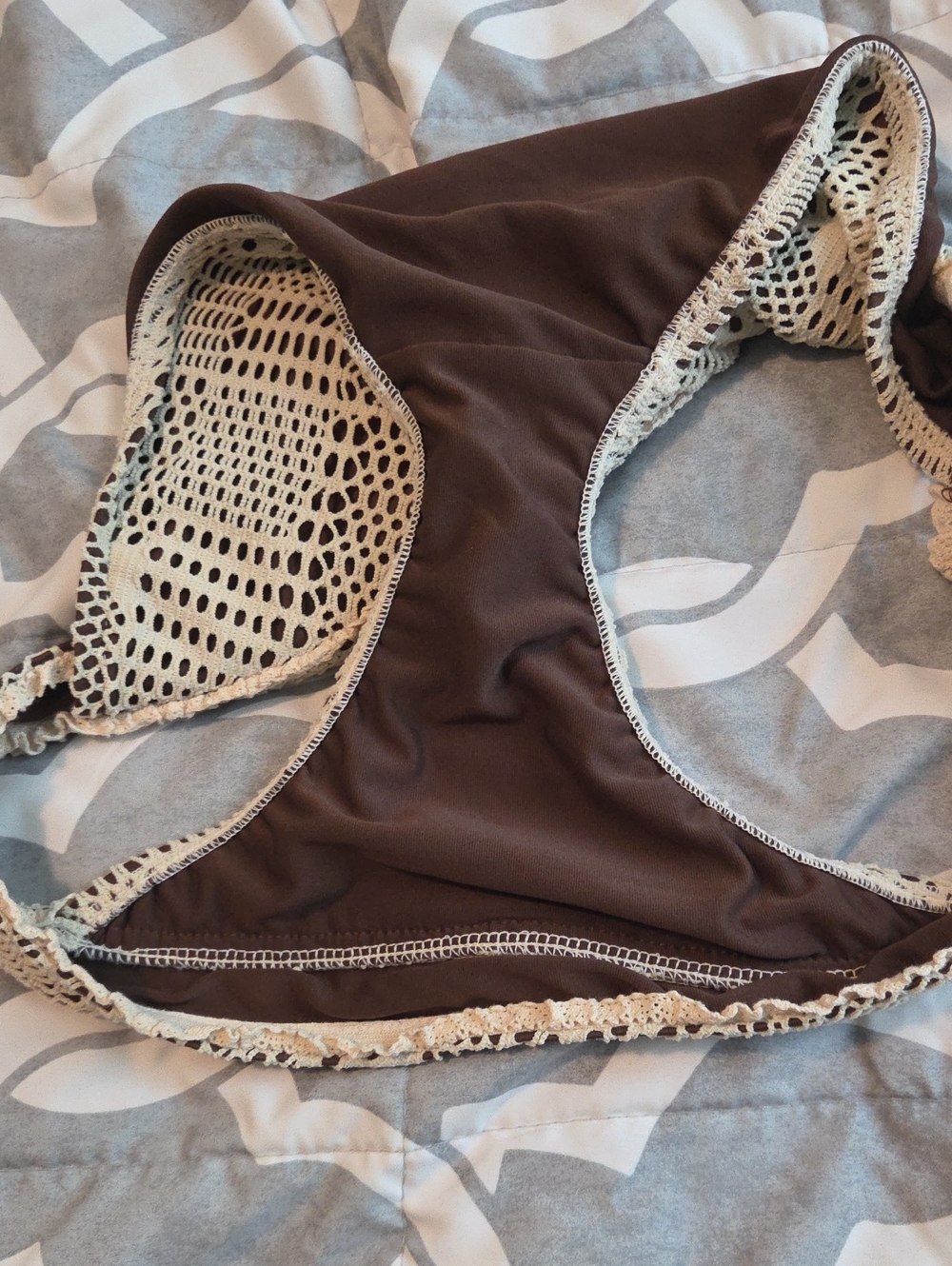 Lucky Brand Brown Bikini with Cream Crochet Overlay and Wooden Beads Details-M - Picture 8 of 9